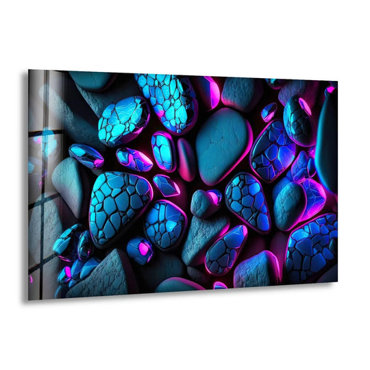 Glistening abstract glass wall art with vibrant blue and pink tones, showcasing textured stones and a polished finish.