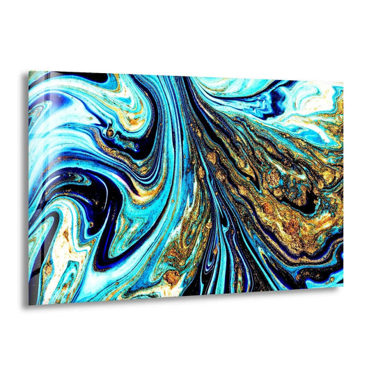 Luxury glass wall artwork showcases vibrant blue and gold alcohol ink veins with a polished, reflective finish.