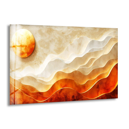 Textured abstract background in warm hues with a glowing sun, perfect for home decor.