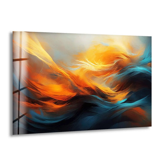 Vibrant orange and deep blue abstract wall prints burst with intense color saturation and dynamic movement.