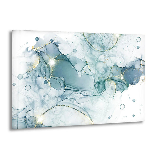 Pastel cyan mint marble abstract glass printing with a polished, reflective finish.