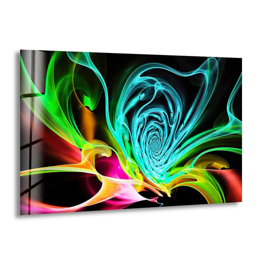 Abstract glass wall artwork showcases vibrant neon light and shadow interplay, creating a swirling fractal design.