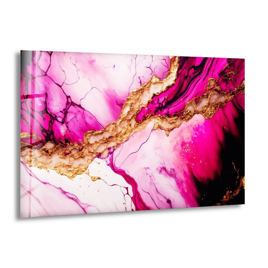 Vibrant violet and pink alcohol ink abstract print wall art with striking gold accents.