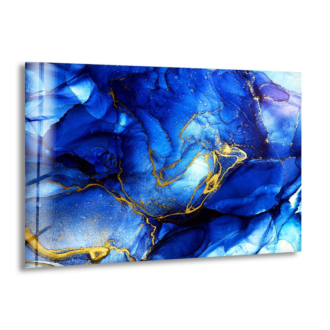 Gold & Blue Alcohol Ink Abstract Glass Wall Art print picture on glass, Tempered Glass Wall Art
