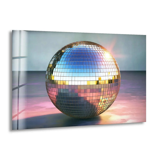 A dazzling disco ball glass art painting casts a vibrant, retro glow, creating an atmosphere of energetic celebration.