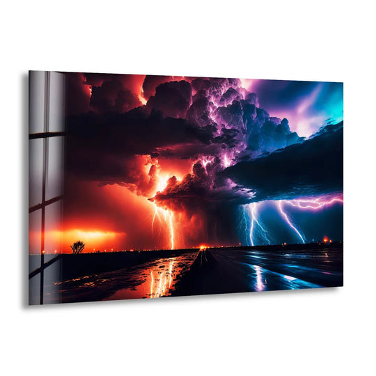 Juxtaposing fiery warm hues with cool blue tones, this dramatic lightning storm wall art is a vivid display of nature's power using tempered glass wall art.