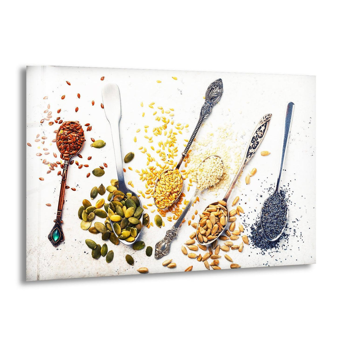 Showcasing the layering effect, the Spoons with Spices tempered glass art highlights overlapping textures and colors of different seeds, bringing dimension to kitchen glass art.