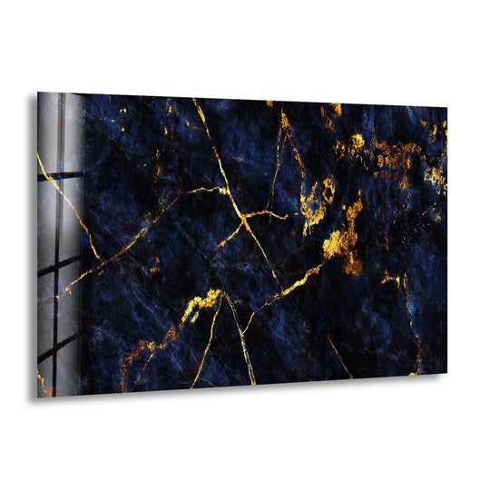 Dark blue marbled glass wall art with gold veining, a luxurious abstract addition to wall prints.