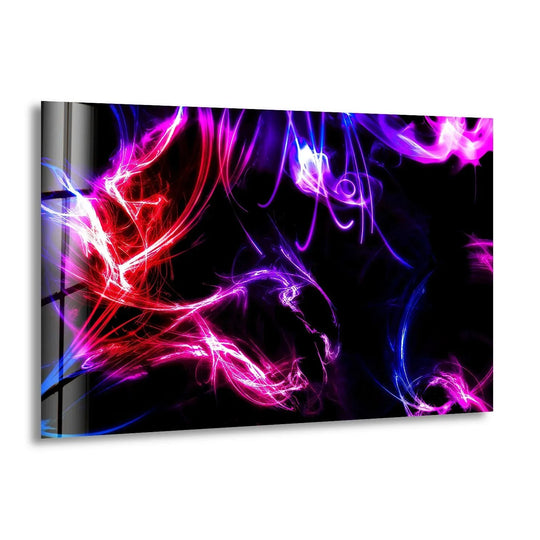 Vivid abstract glass wall art showcasing vibrant neon pink and purple wisps on a black background, printed on quality glass.