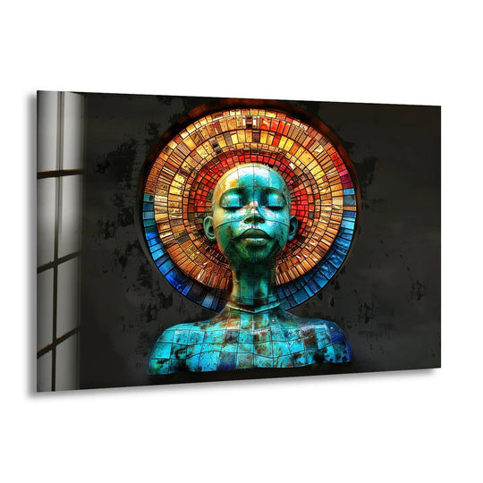 Circular mosaic artwork depicts a bust with vibrant concentric rings around a striking head.
