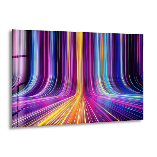 Abstract glass print wall art featuring vibrant neon lines converging in the foreground in a kaleidoscope of pink, blue, and yellow.