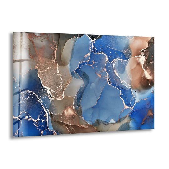 Brightest area of abstract blue, brown, and rose gold glass wall art decor with flowing lines.