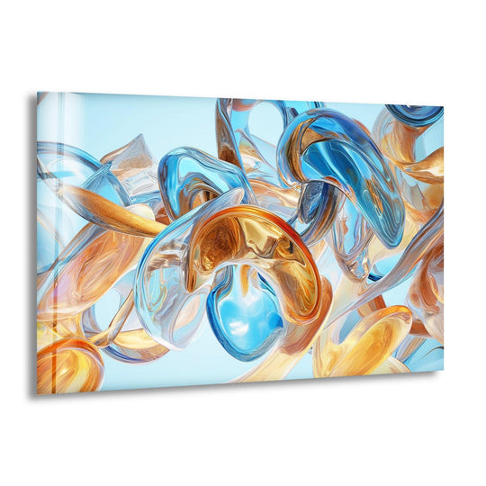 Abstract glass wall art features blue and brown swirling edges and borders, perfect for unique modern wall decor.