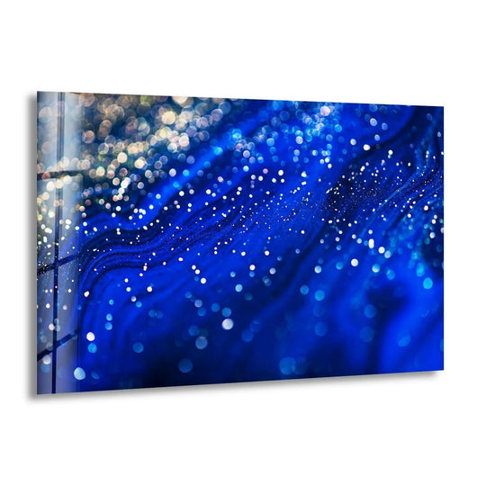 Geometric dots and bokeh lights shimmer on a sapphire blue abstract glass wall art print.