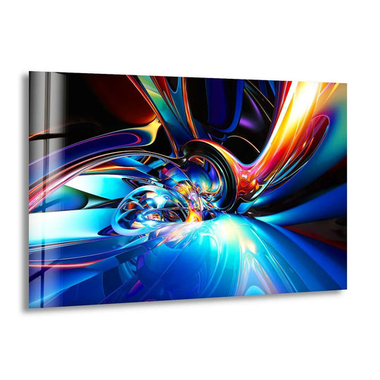 Geometric shapes swirl with vibrant blues and fiery oranges in this stunning glass art.