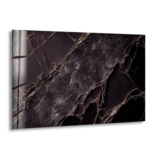A rectangular black marble natural abstract glass wall art piece with a marbled pattern adds sophisticated home decor.