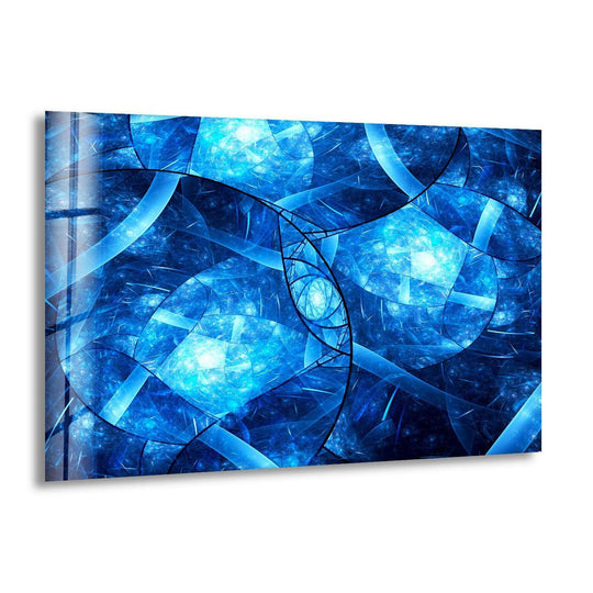 A close-up of glowing sapphire blue abstract glass art with intricate fractal patterns and light flares.