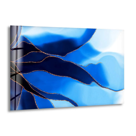 Elegant geometric gold lines adorn abstract sapphire and navy blue swirls on this unique modern wall decor.