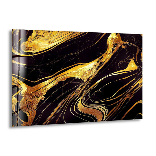 Dark, black ink swirls and liquid gold marbling dominate this abstract print wall art.