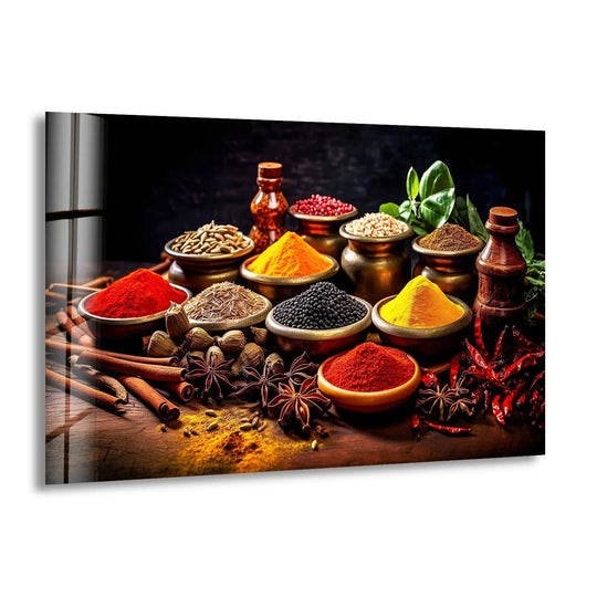Horizontal glass wall art depicting a vibrant still life of colorful spices in bowls and jars perfect for kitchen or dining room decor.