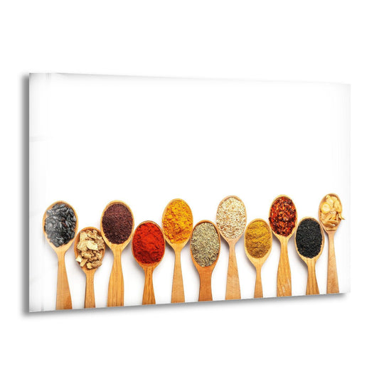 Horizontal glass wall art featuring wooden spoons filled with colorful spices perfect for kitchen or dining room modern wall decor.
