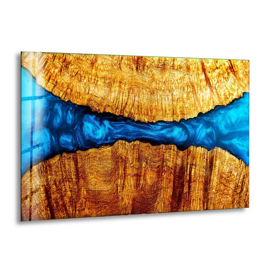 Dark navy blue epoxy resin flows through this abstract wood and best glass art.
