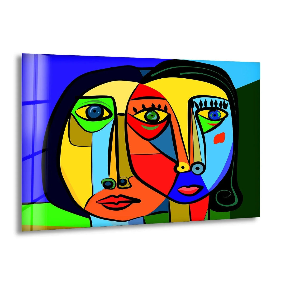Cubist faces rendered in bold geometric shapes are presented as art from glass.