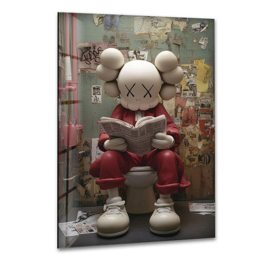 Kaws Reading glass wall art shows a cartoon man reading and it is cool art for iconic bathroom decor and bathroom pictures with its durable glass