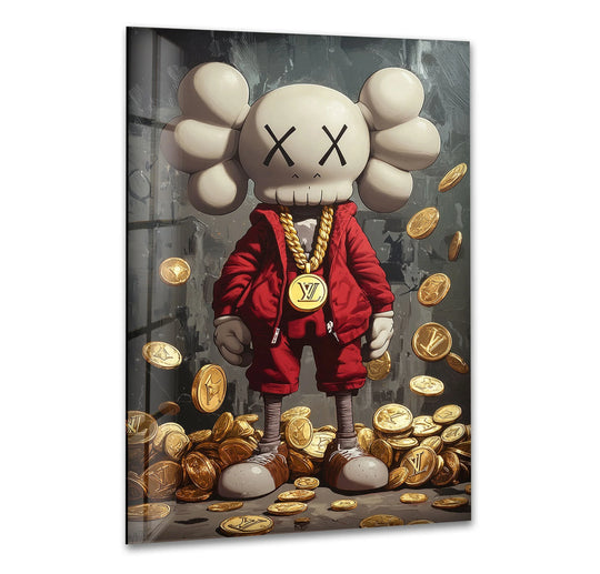 Rich Kaws glass wall art features a Kaws urban drawing and is a cool art item for street luxury decor and makes a high quality 8K art piece
