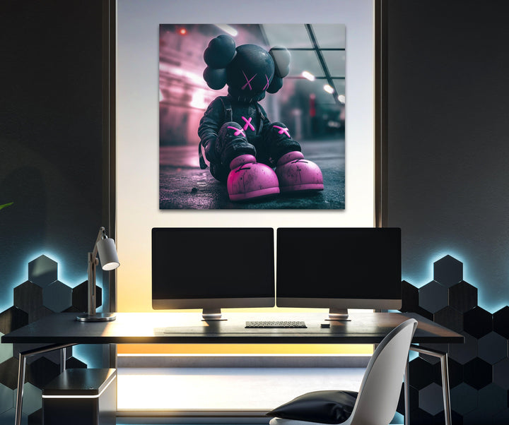 Kaws Grey & Pink Glass Wall Art glass pictures for Wall, glass prints wall art
