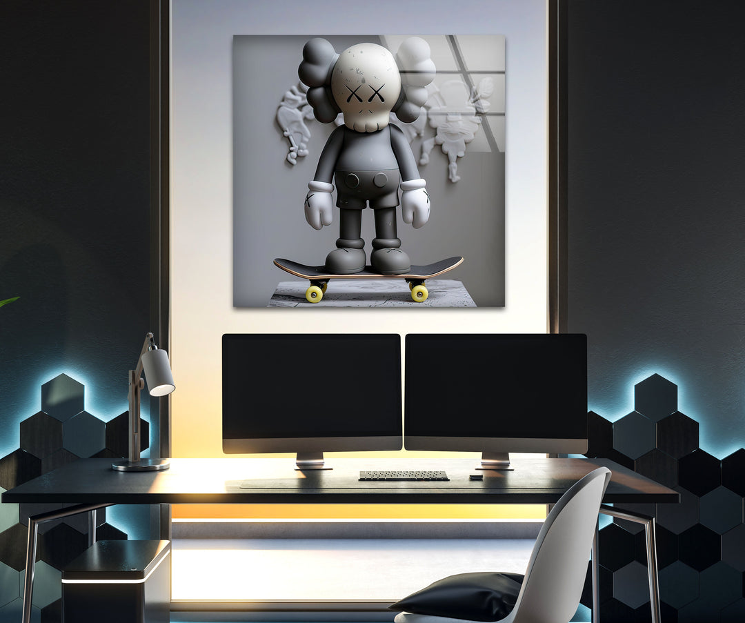 Grey Kaws With Skateboard Glass Wall Art art glass wall art, glass wall art pictures
