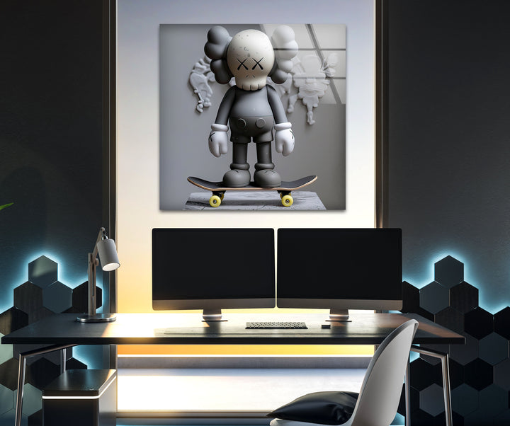 Grey Kaws With Skateboard Glass Wall Art art glass wall art, glass wall art pictures
