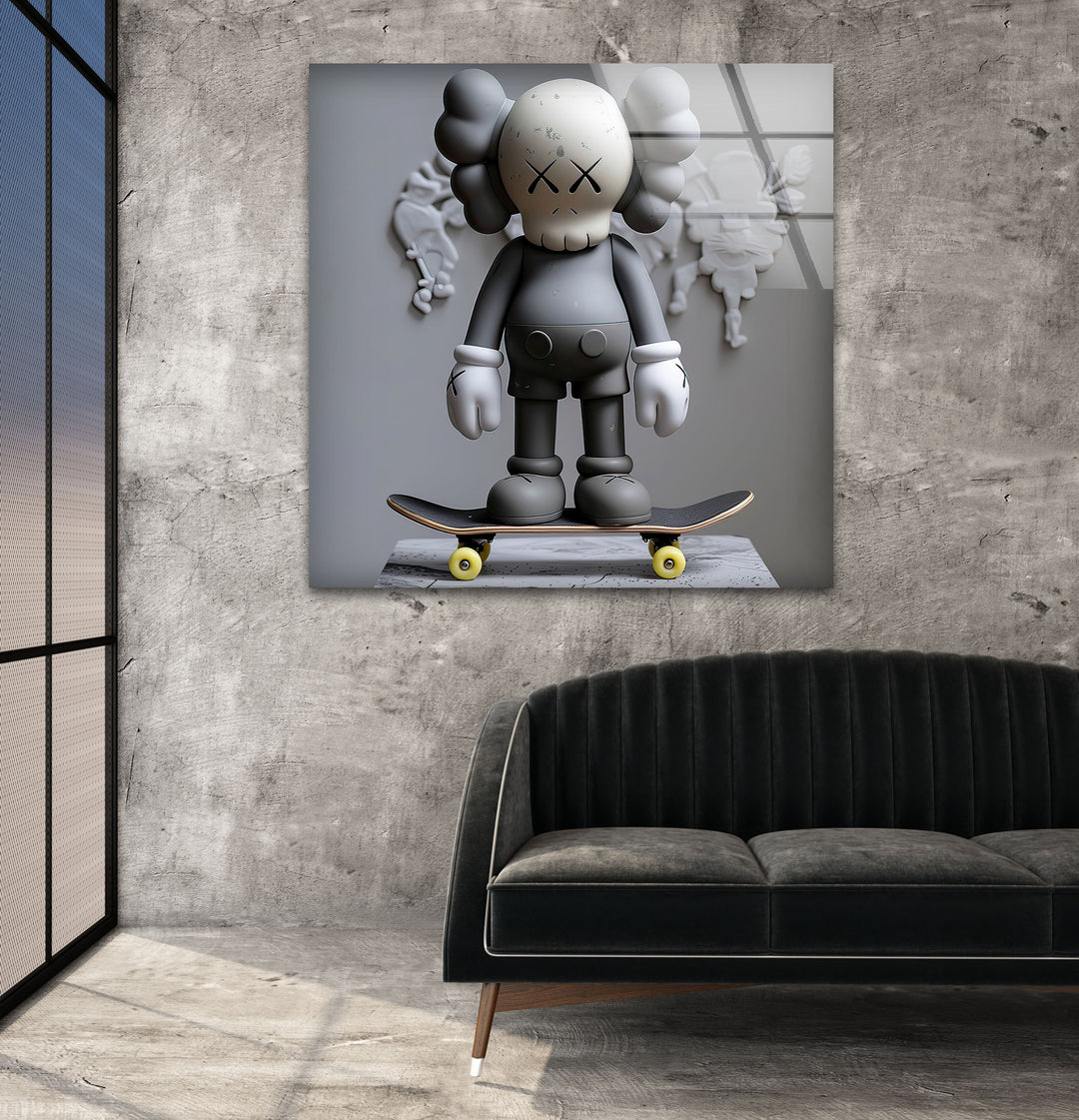 Grey Kaws With Skateboard Glass Wall Art stained glass wall art, stained glass wall decor
