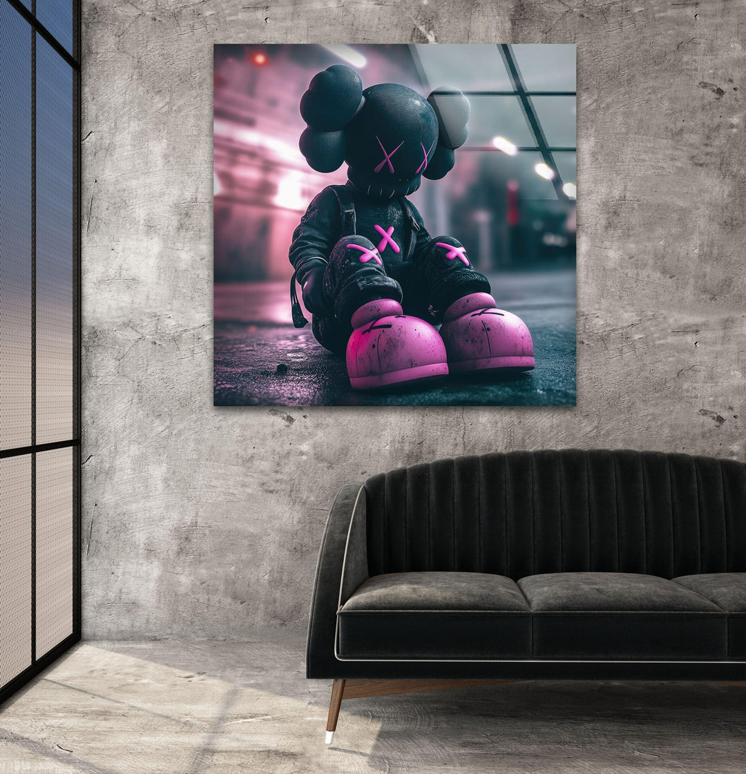 Kaws Grey & Pink Glass Wall Art glass photo prints, glass picture prints

