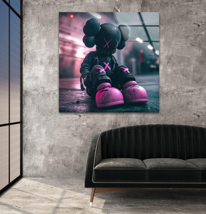 Kaws Grey & Pink Glass Wall Art glass photo prints, glass picture prints
