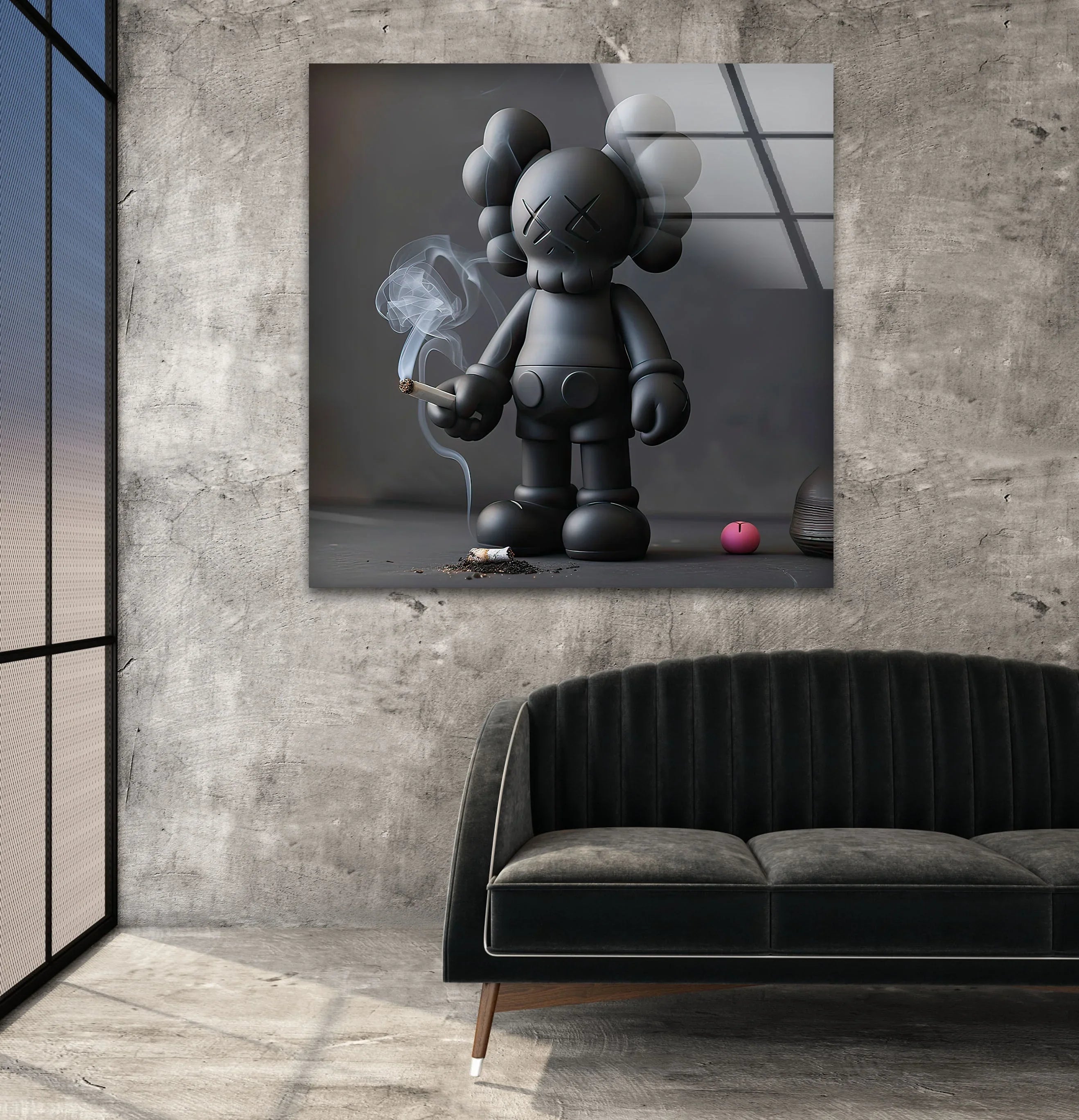 Kaws Smoking Glass Wall Art – Bold Artistic Decor – MyPhotoStation