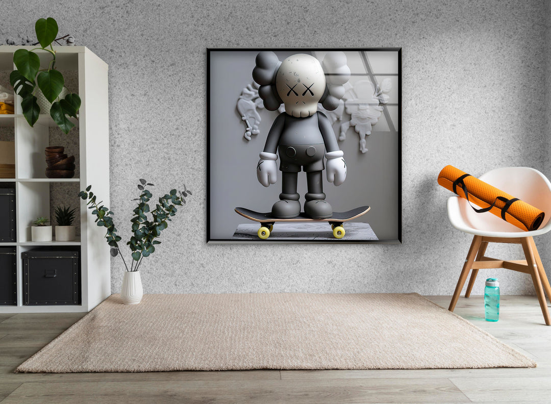 Grey Kaws With Skateboard Glass Wall Art glass art painting, glass art for the Wall

