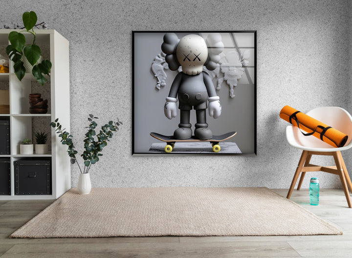 Grey Kaws With Skateboard Glass Wall Art glass art painting, glass art for the Wall

