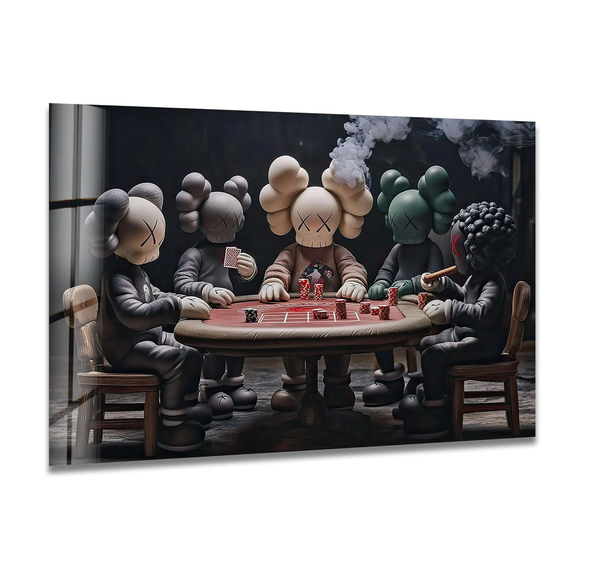 Stillness captured in tempered glass wall art shows Kaws figures in a focused poker game.