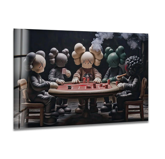 The famous paintings glass wall art shows kaws playing poker with vivid colors and a horizontal layout and adds flair to your home decor with a modern style
