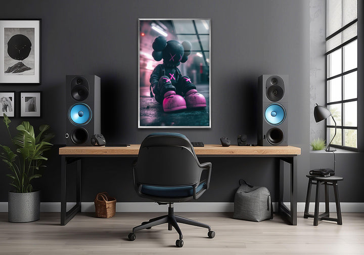 Kaws Grey & Pink Glass Wall Art custom glass pictures, glass art prints
