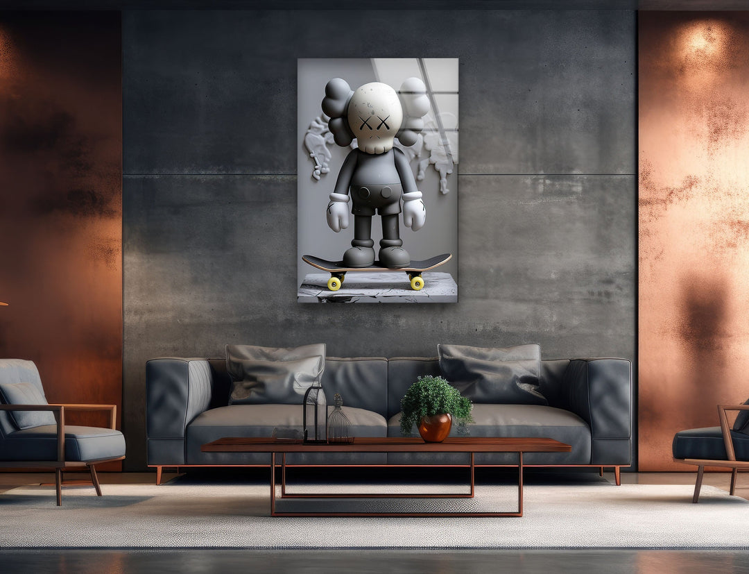 Grey Kaws With Skateboard Glass Wall Art glass photo prints, glass picture prints
