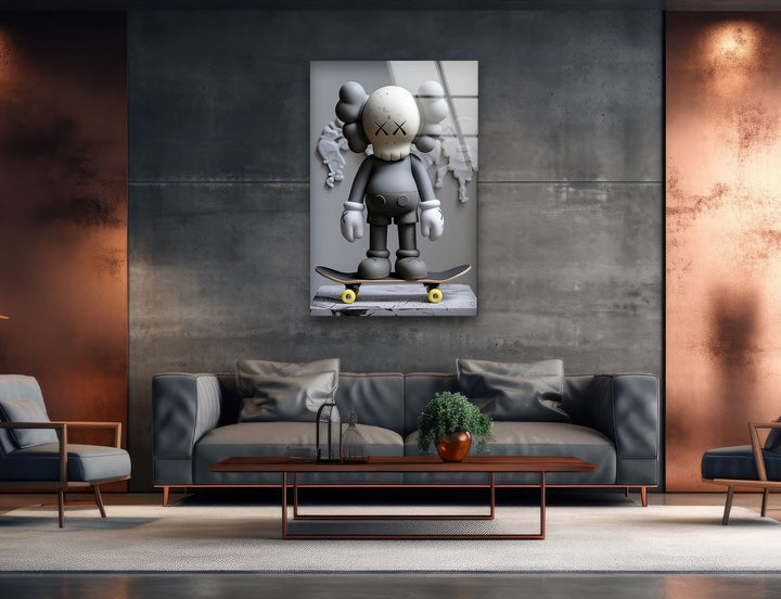 Grey Kaws With Skateboard Glass Wall Art glass photo prints, glass picture prints
