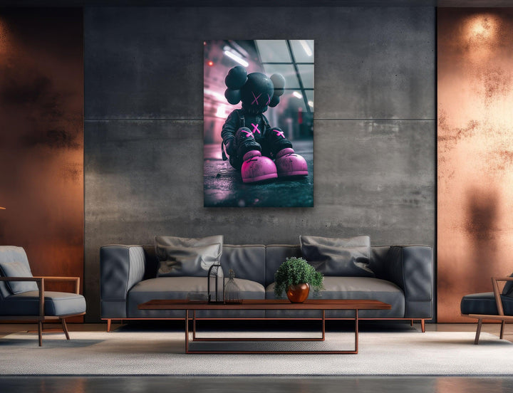 Kaws Grey & Pink Glass Wall Art photo print on glass, prints on glass wall art
