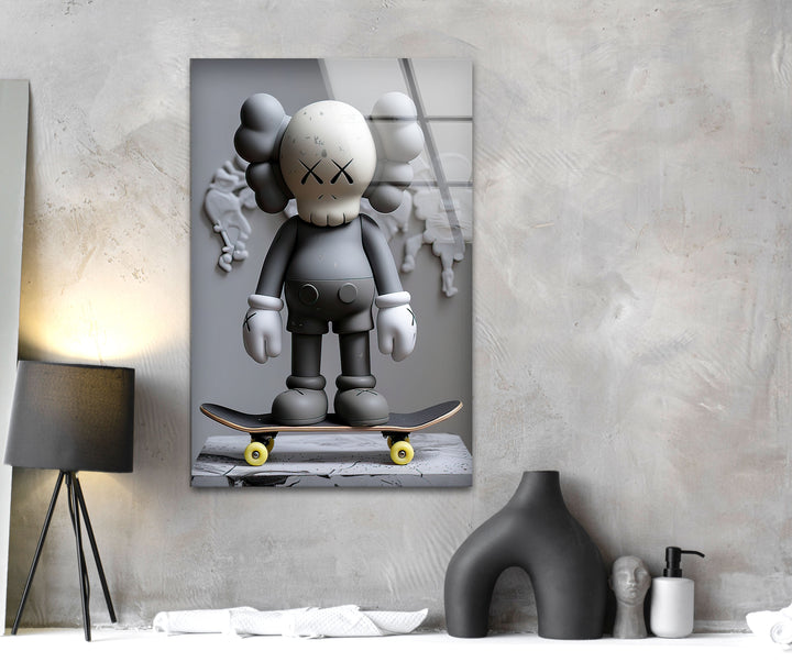 Grey Kaws With Skateboard Glass Wall Art glass image printing, glass prints from photos
