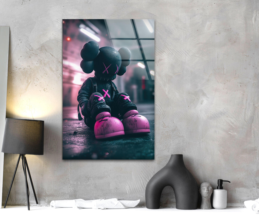Kaws Grey & Pink Glass Wall Art large glass photo prints, glass wall photos
