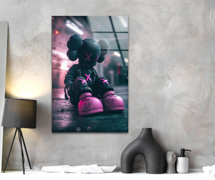 Kaws Grey & Pink Glass Wall Art large glass photo prints, glass wall photos
