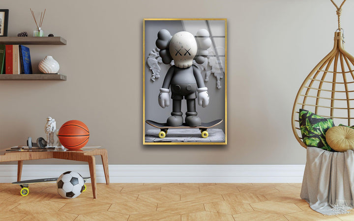 Grey Kaws With Skateboard Glass Wall Art glass pictures for Wall, glass prints wall art
