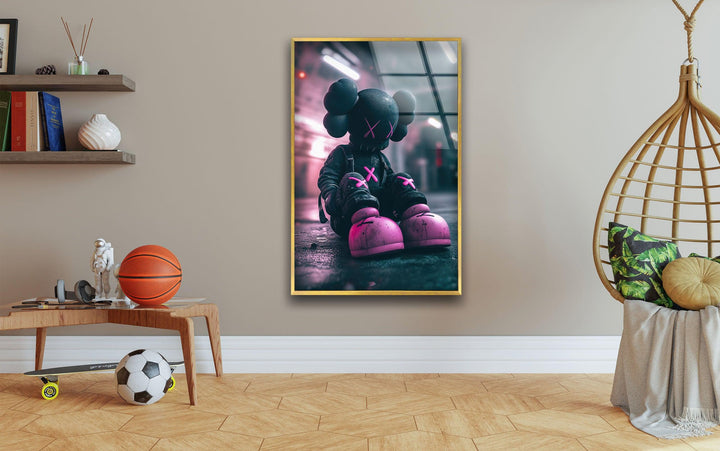 Kaws Grey & Pink Glass Wall Art custom glass photo prints, large glass prints
