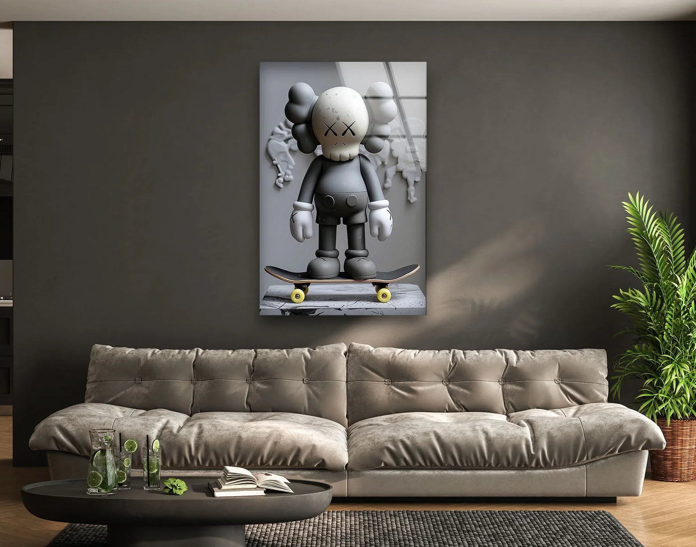 A grey Kaws figure with 'x' eyes stands on a skateboard in this striking glass art painting.
